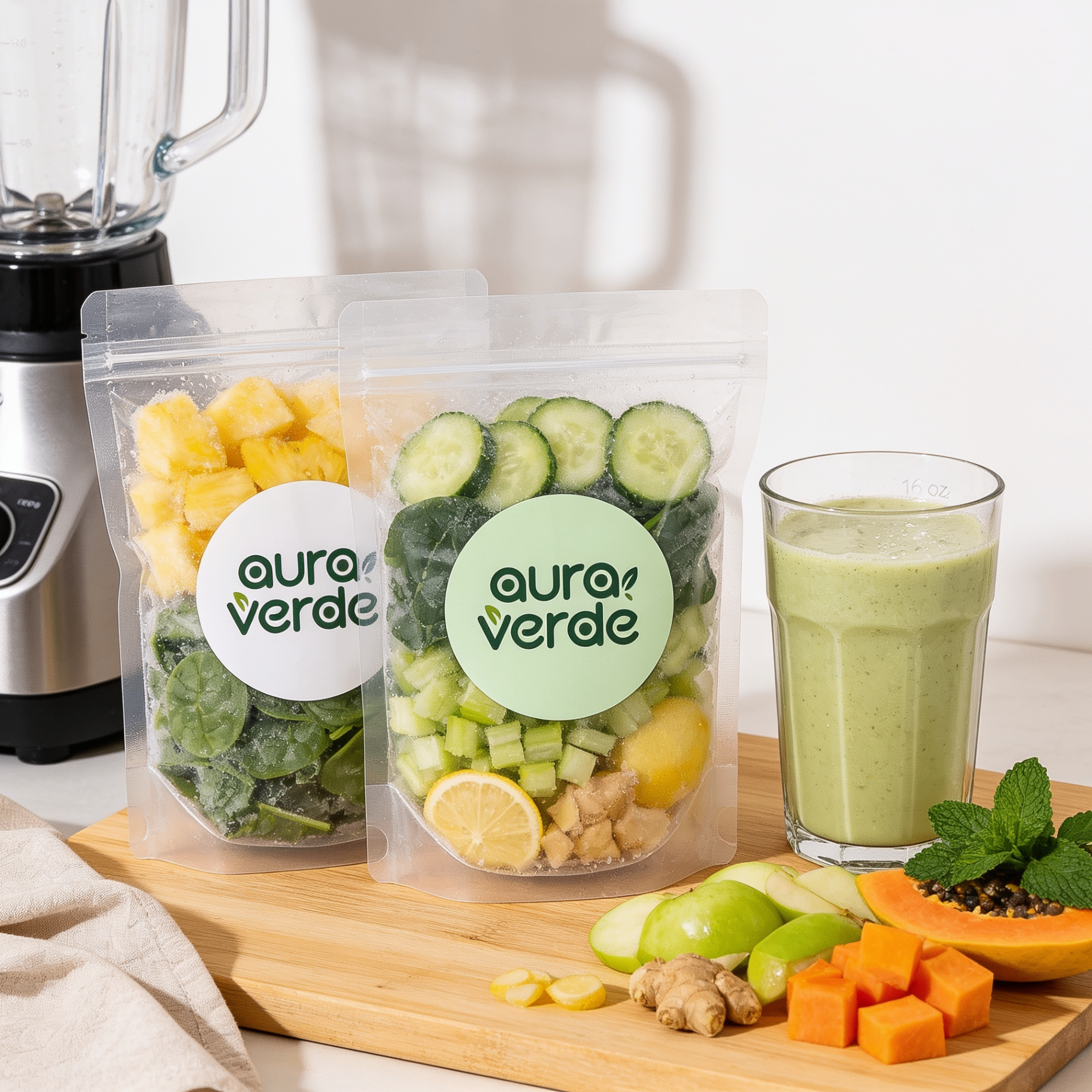 Bolsitas transparentes selladas con frutas y vegetales cortados, junto a un vaso de batido verde de 16 oz y una licuadora en cocina luminosa